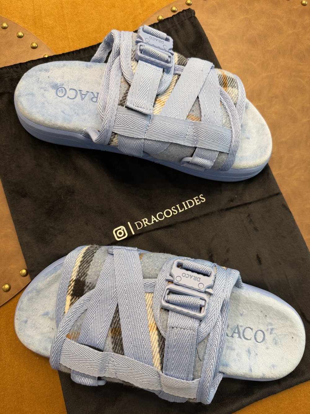 DRACO V2 Plaid Slide Sandals Mens Blue Size 7/8 Adjustable Buckle Strappy Slide